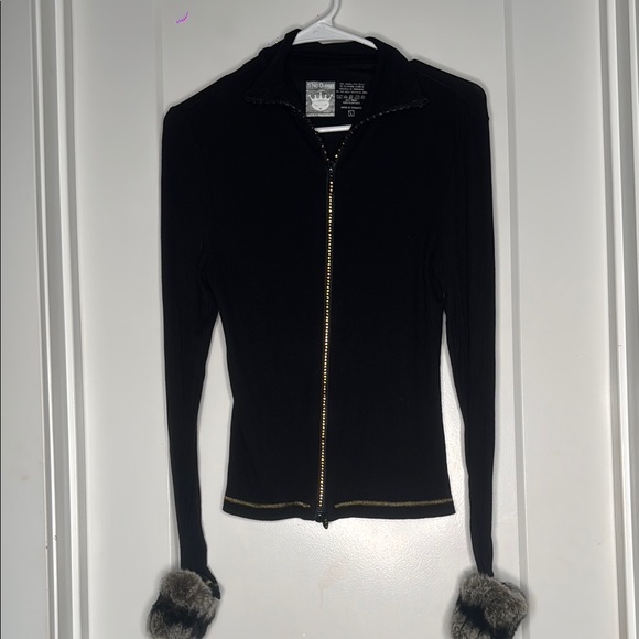 S’No Queen Black Long Sleeve Rabbit Fur Trim Blouse - Picture 1 of 6